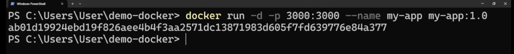 ภาพแสดงผลลัพธ์จากการรันคำสั่งเพื่อ Run Container บน Terminal