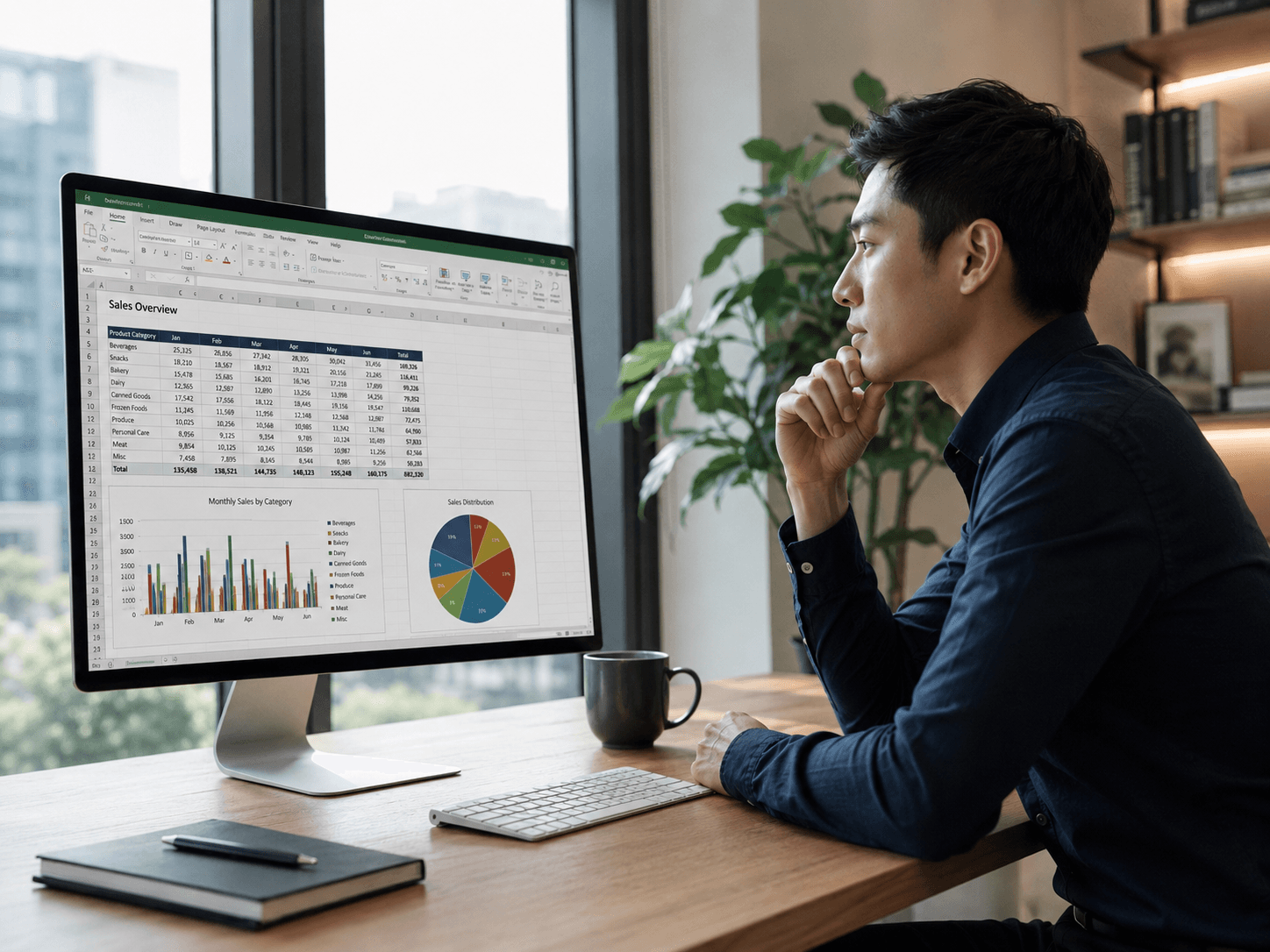 ผู้ชายวิเคราะห์ยอดขายอย่างครุ่นคิดหน้าจอ iMac แสดงตาราง Excel และกราฟยอดขายในโฮมออฟฟิศ