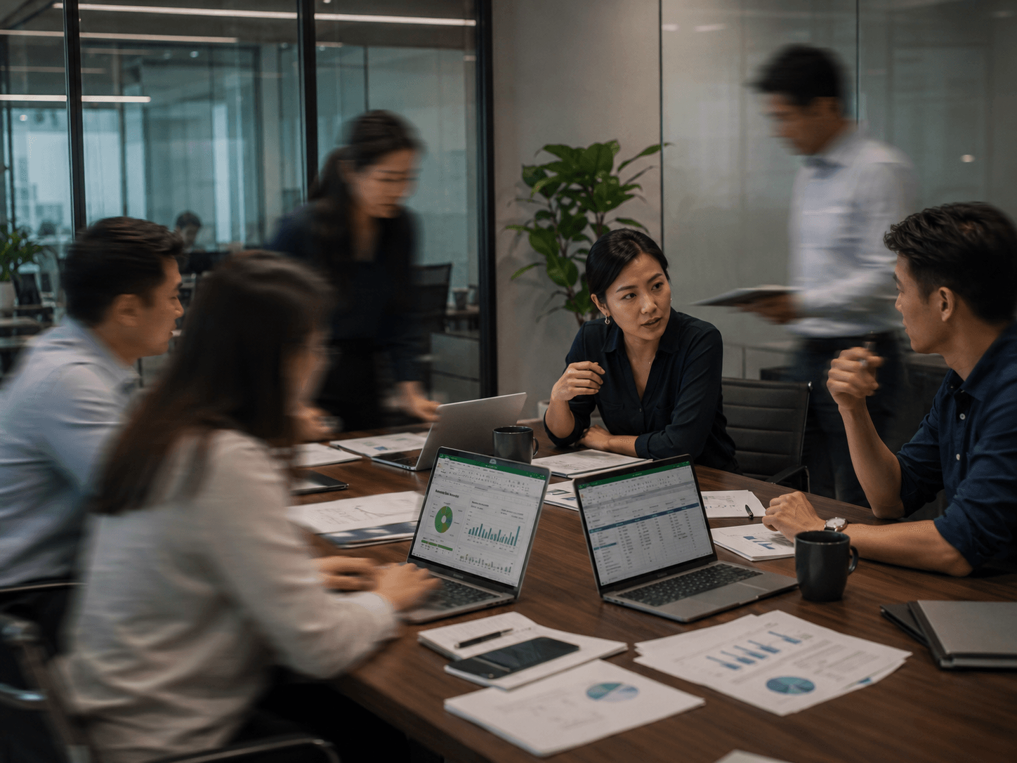 ทีมงานระดมความคิดพร้อมแล็ปท็อปเปิดสเปรดชีต Excel ในห้องประชุมกระจก บรรยากาศการอบรมองค์กร