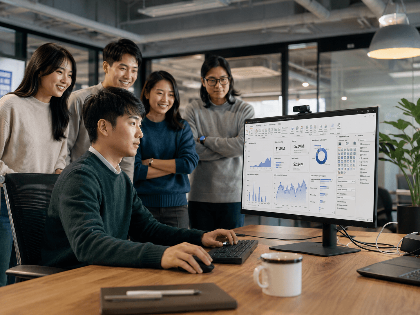ทีมงานยิ้มพอใจดู Dashboard Power BI แสดงยอดขายรวมบนจอขนาดใหญ่ร่วมกัน