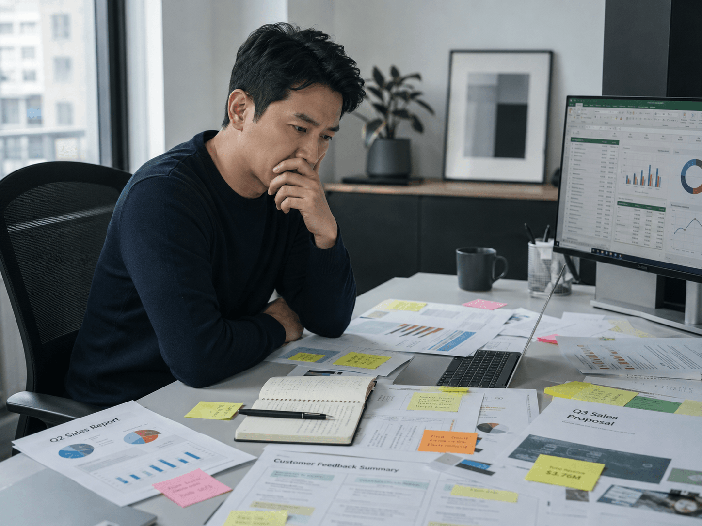 ผู้ชายนั่งครุ่นคิดท่ามกลางเอกสาร Q2 Sales Report และ Customer Feedback Summary กองเต็มโต๊ะ