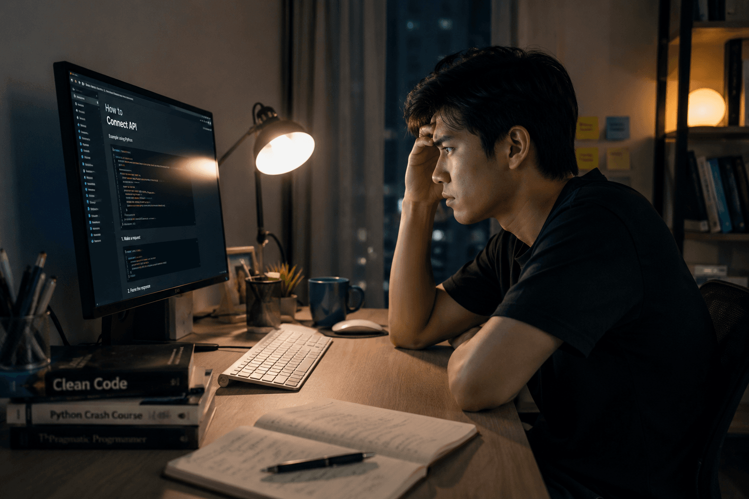 ผู้ชายนั่งเครียดหน้าจอบทเรียน How to Connect API มีหนังสือ Clean Code และ Python Crash Course วางข้างตัว