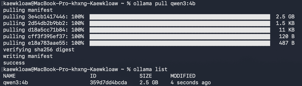 ผลลัพธ์คำสั่ง ollama list แสดงโมเดล qwen3:4b