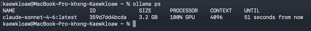 ตรวจสอบโมเดลที่รันบนเครื่องด้วยคำสั่ง ollama ps