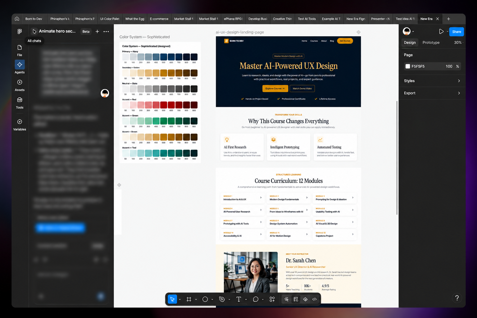 ตัวอย่างหน้า Landing Page ใน Figma พร้อมแนวทางสีและพื้นที่ทำงานออกแบบ